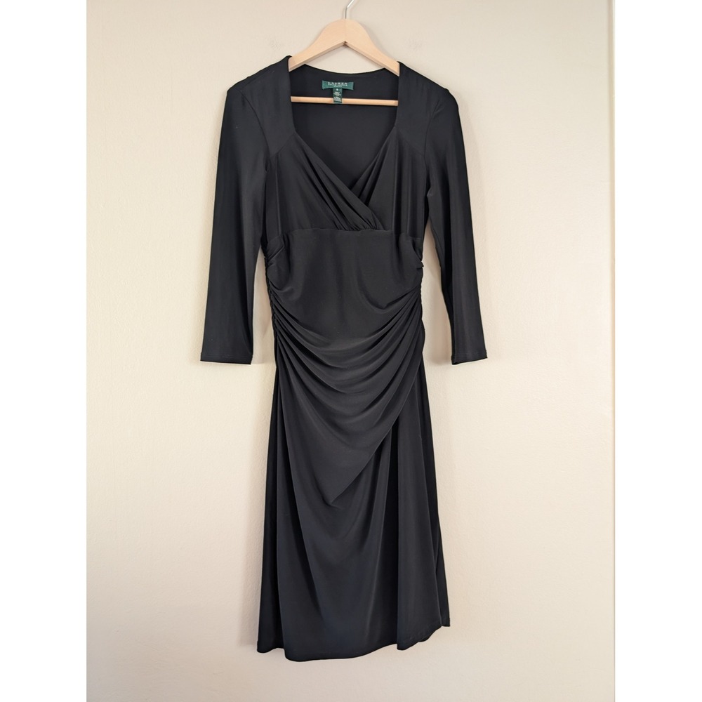 Lauren Ralph Lauren Blackβ Ruched Faux Wrap Cocktail Dress 3/4 Sleeve Womens 8
